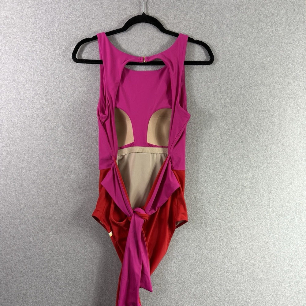 SummerSalt Color Block Lava Hibiscus Swimsuit Barbie High Neck Tie Pink Red 14 - Picture 4 of 7